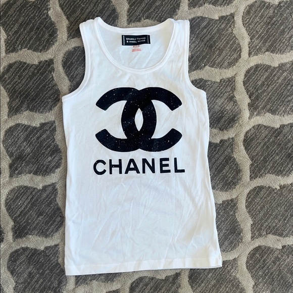 sparkly things and angel wings Other - CHANEL inspired White Tank Top with Black CC Logo